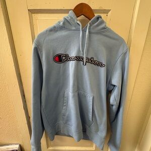 Champion Light Blue Pullover Hoodie with Embroidered Logo